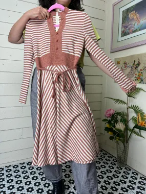 1970s CLAY AND CREAM STRIPED KNIT LONG SLEEVE UNION MADE DRESS