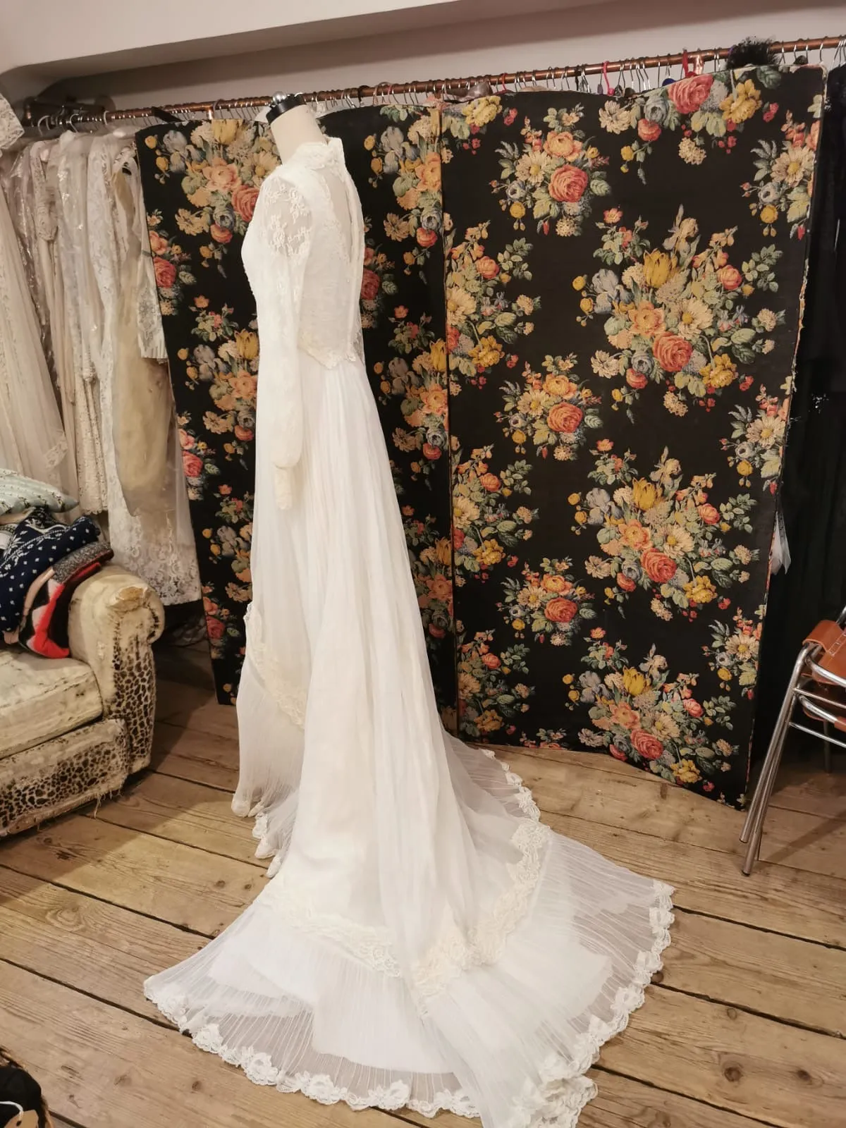 1970s vintage wedding dress with pearls and lace