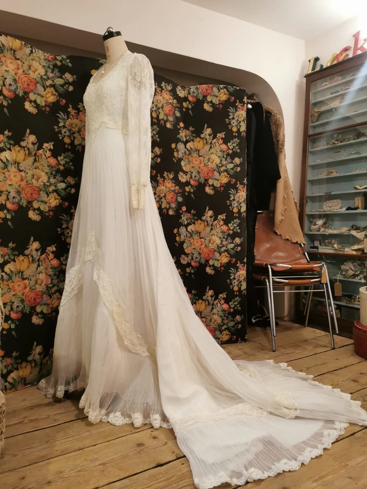 1970s vintage wedding dress with pearls and lace