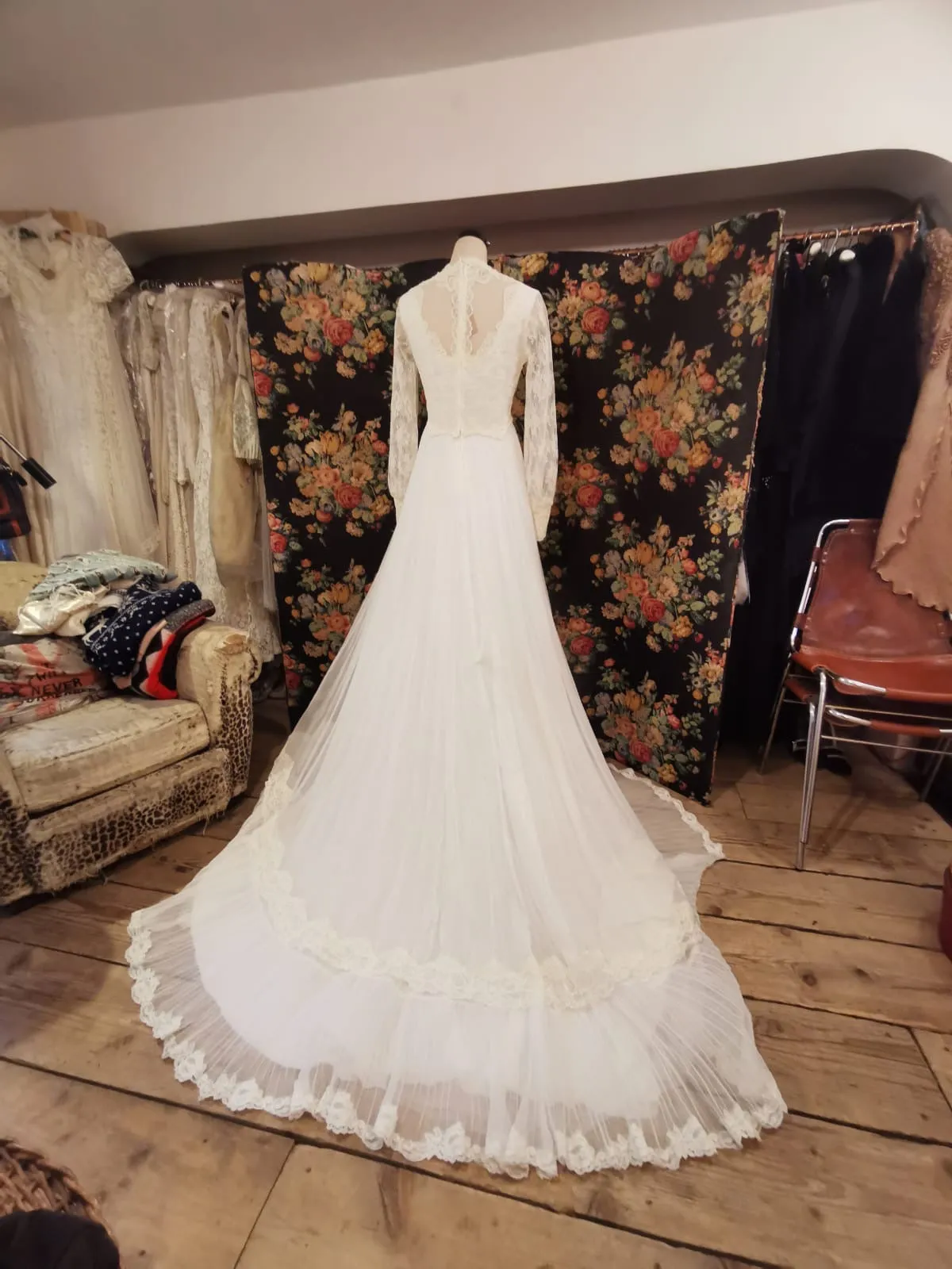 1970s vintage wedding dress with pearls and lace