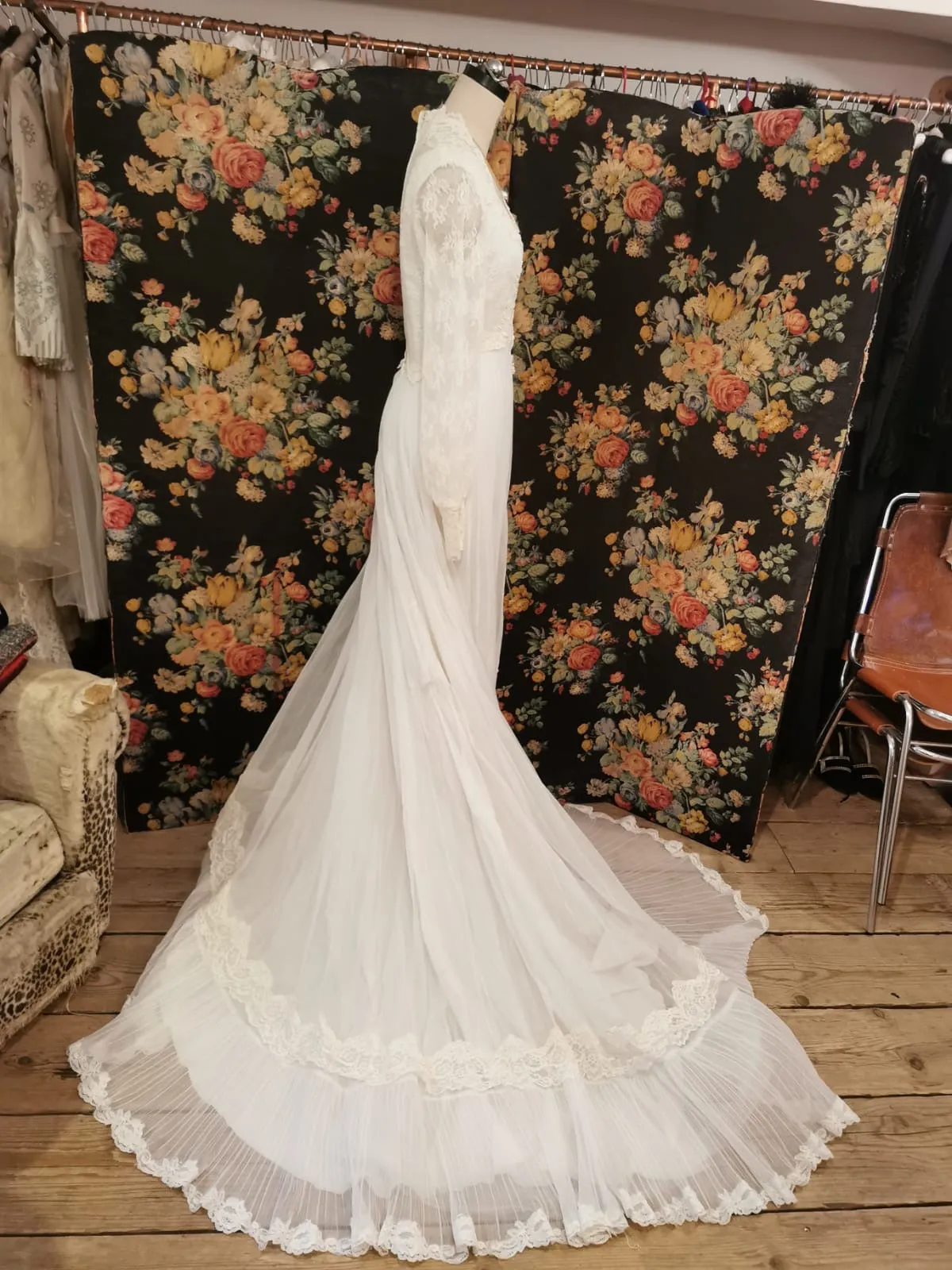 1970s vintage wedding dress with pearls and lace
