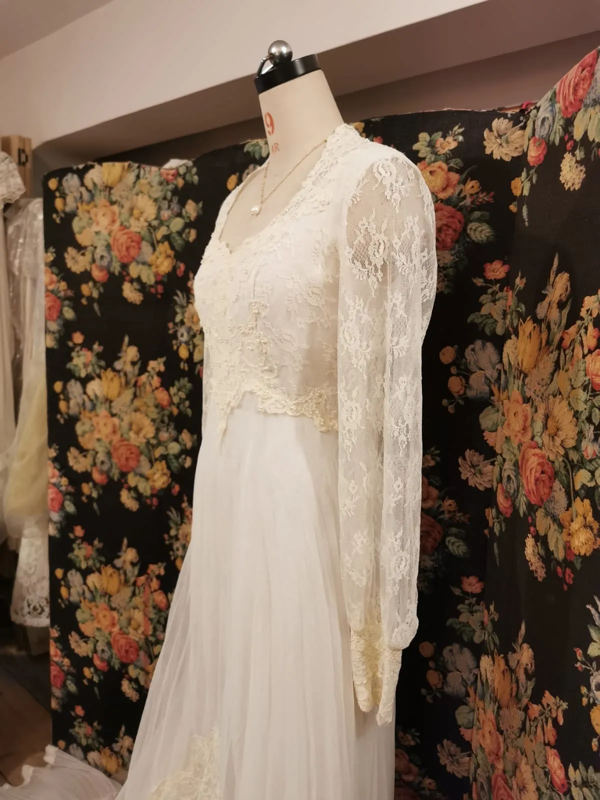 1970s vintage wedding dress with pearls and lace
