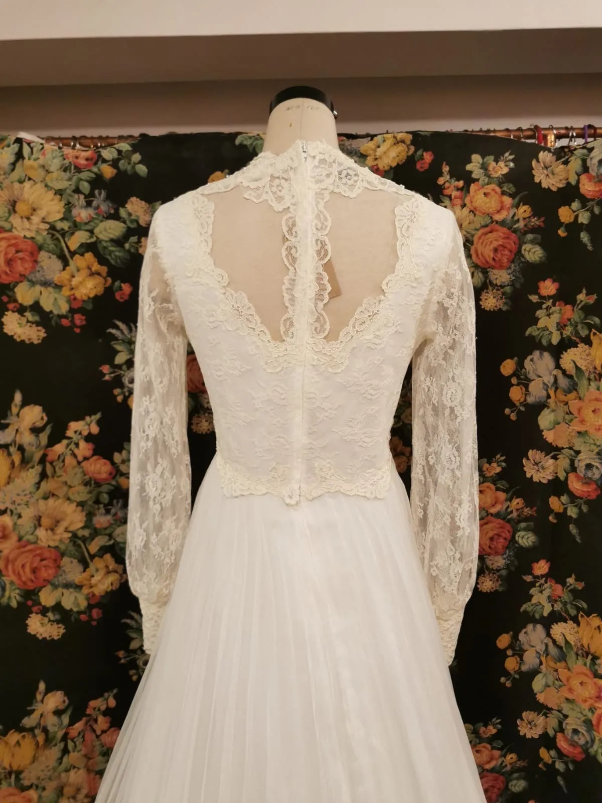 1970s vintage wedding dress with pearls and lace