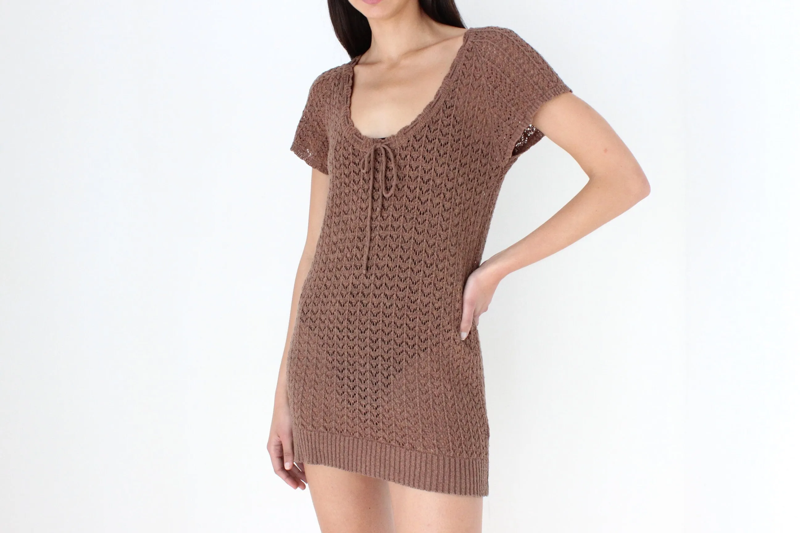 90s Caramel Crochet Knit Scoop Neck Mini Tee Dress or Top