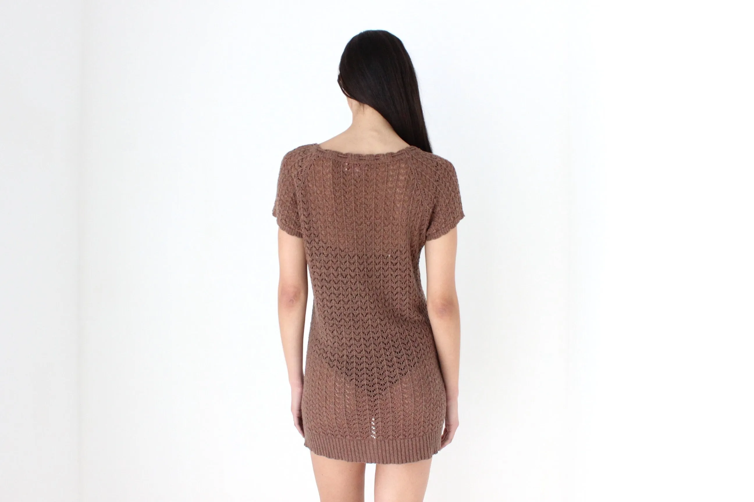 90s Caramel Crochet Knit Scoop Neck Mini Tee Dress or Top