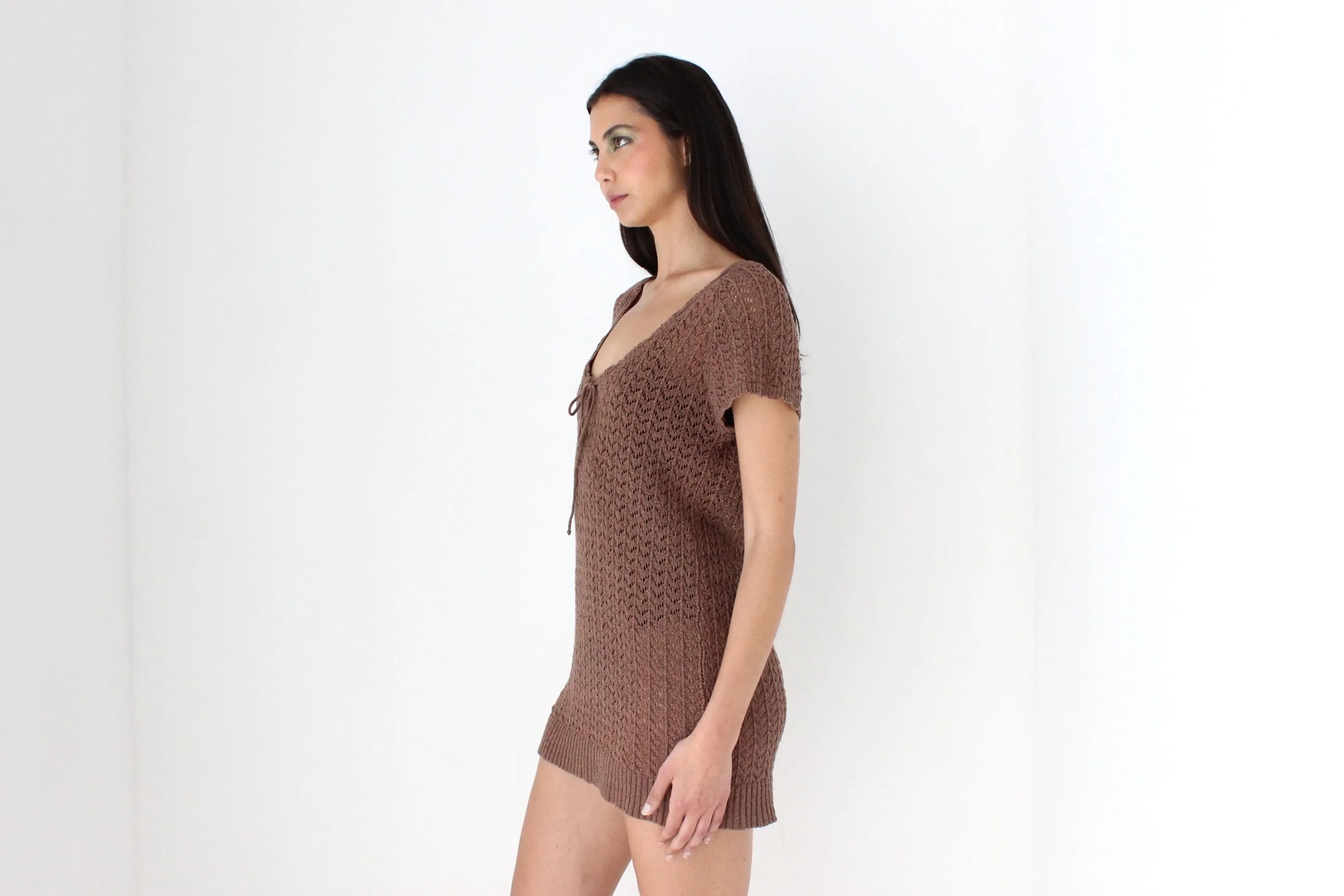 90s Caramel Crochet Knit Scoop Neck Mini Tee Dress or Top
