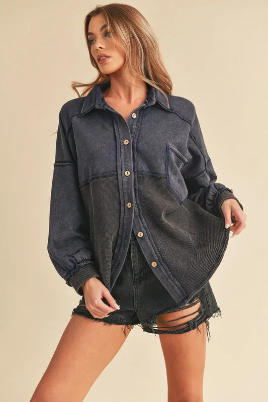 Aemi   Co Acid Washed Exposed Seam Button Up Jacket
