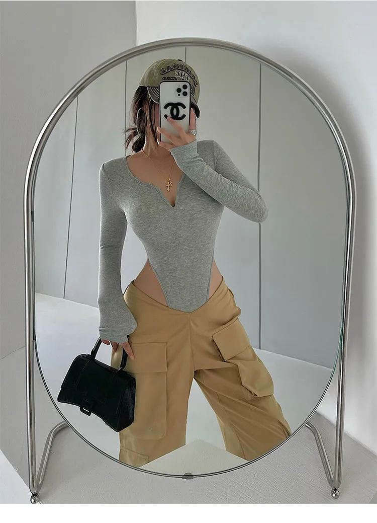 Alannah Solid Color V-Neck Long Sleeve Slim Ribbed Bodysuit