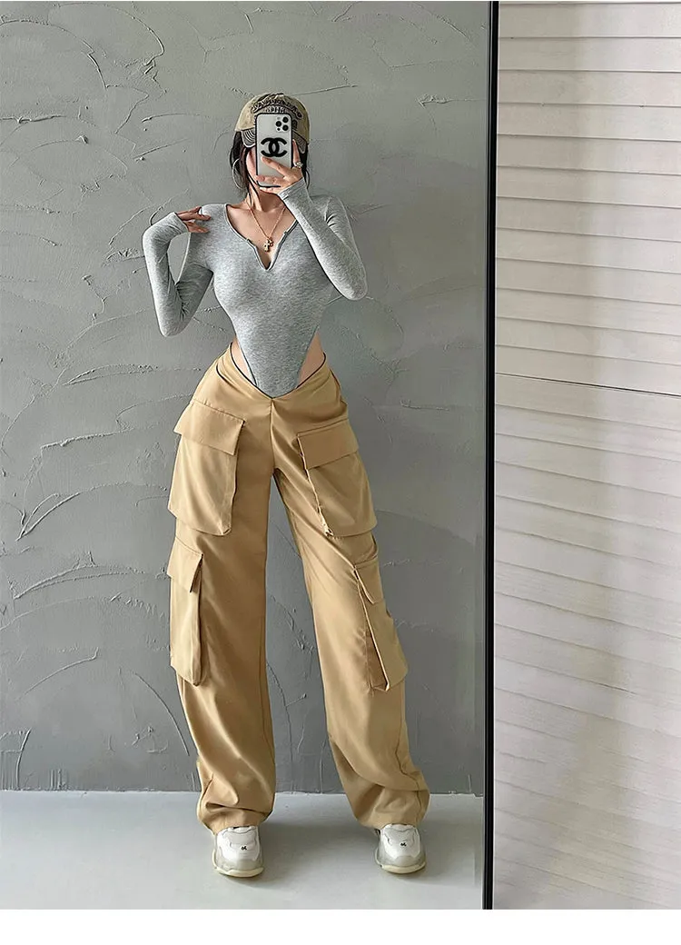 Alannah Solid Color V-Neck Long Sleeve Slim Ribbed Bodysuit
