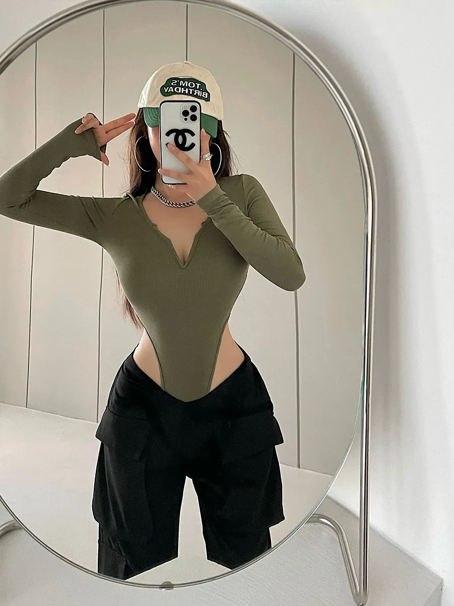 Alannah Solid Color V-Neck Long Sleeve Slim Ribbed Bodysuit