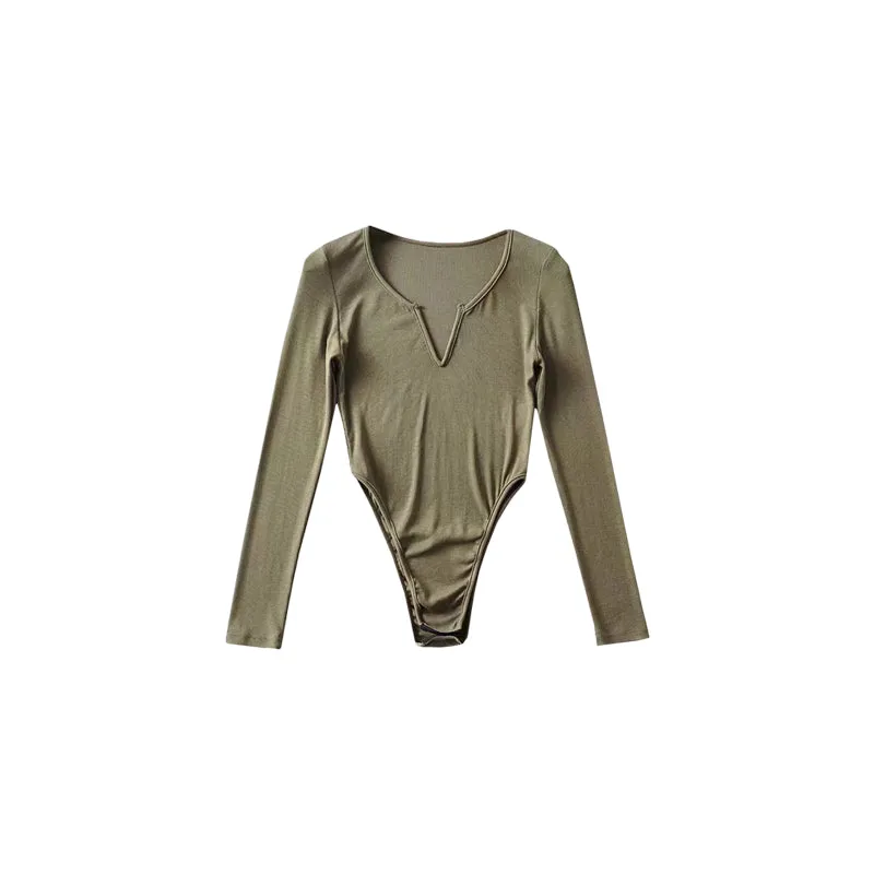 Alannah Solid Color V-Neck Long Sleeve Slim Ribbed Bodysuit
