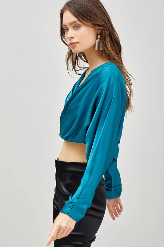 Alyssa Teal Blue Satin V Neck Long Sleeve Crop Top