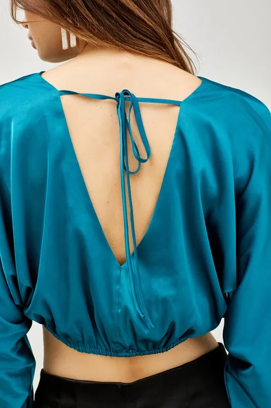 Alyssa Teal Blue Satin V Neck Long Sleeve Crop Top