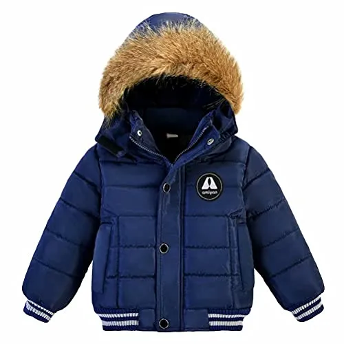 AMIYAN Toddler Boys Girls Down Jacket Hooded Thickened Warm Winter Snowsuit Coat Outerwear(Blue, 1-2T)