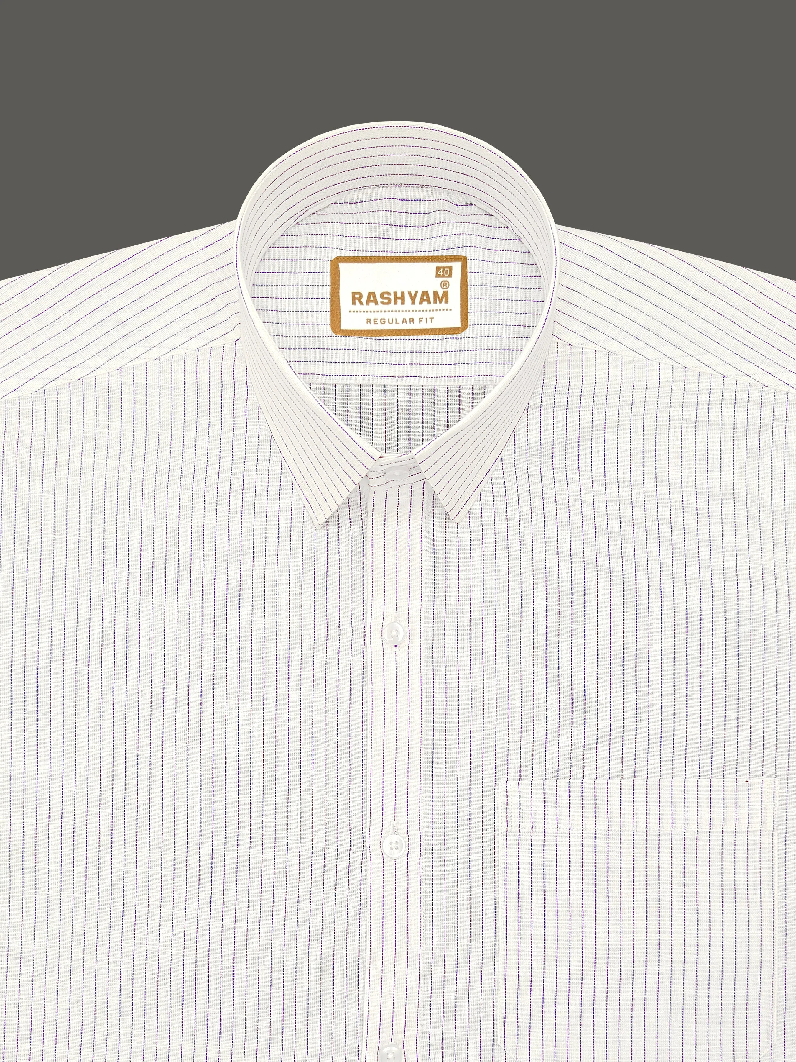 Arezzo Italian Premium Linen Purple Multi Line On White Formal Shirt For Men
