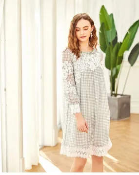 ARTKA LACE CHECK DRESS WITH FRILL DETAIL