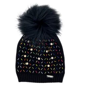 Bari Lynn Sprinkle & Jeweled Hat with Fur Pom - Black