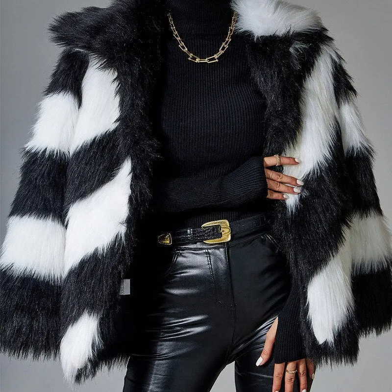 Black Faux Rabbit Fur Coat Luxury Fur Coat Artificial Fur Stitching Jackets Women Turn-down Collar Coat Plush Over Coats