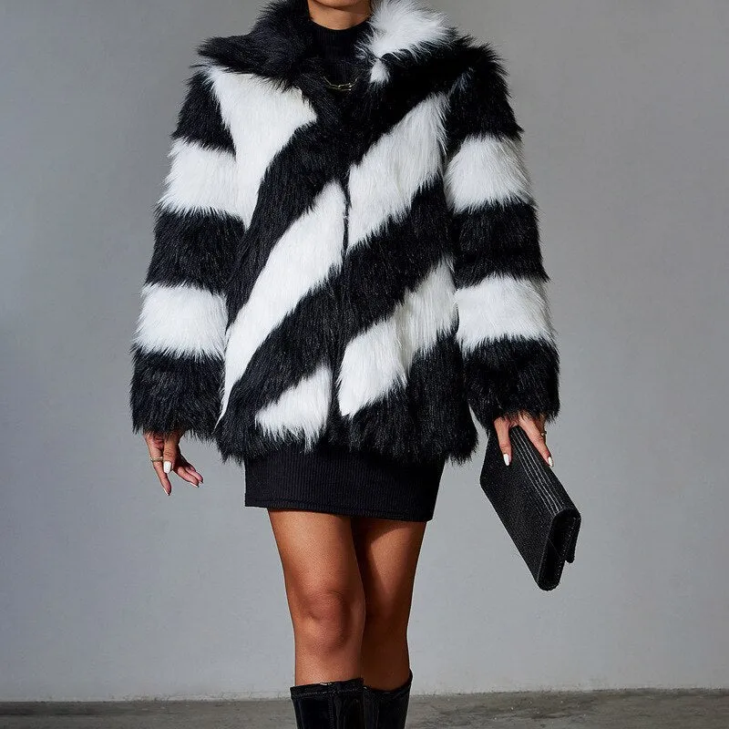 Black Faux Rabbit Fur Coat Luxury Fur Coat Artificial Fur Stitching Jackets Women Turn-down Collar Coat Plush Over Coats