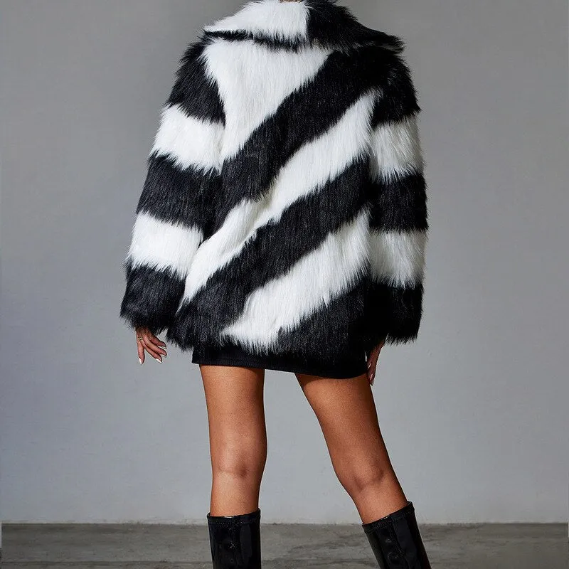Black Faux Rabbit Fur Coat Luxury Fur Coat Artificial Fur Stitching Jackets Women Turn-down Collar Coat Plush Over Coats