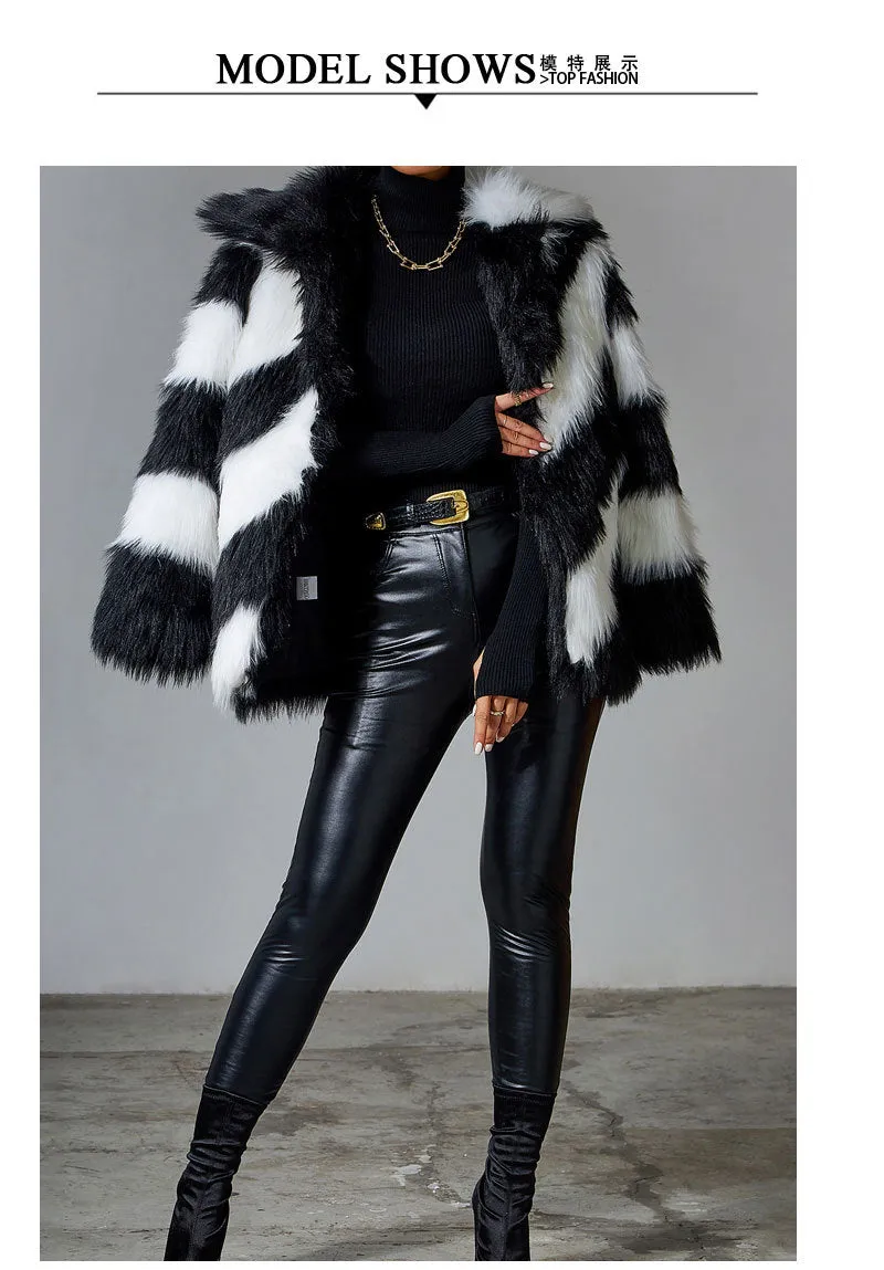 Black Faux Rabbit Fur Coat Luxury Fur Coat Artificial Fur Stitching Jackets Women Turn-down Collar Coat Plush Over Coats