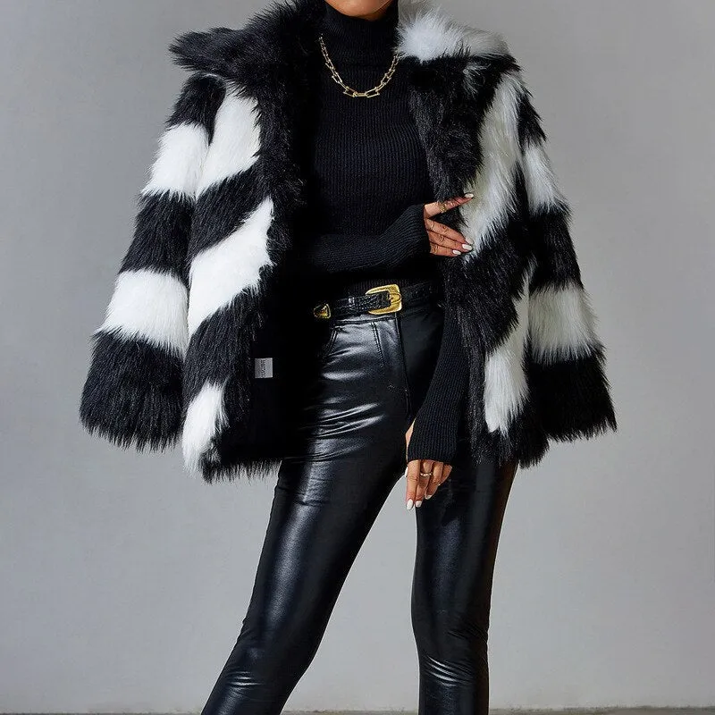 Black Faux Rabbit Fur Coat Luxury Fur Coat Artificial Fur Stitching Jackets Women Turn-down Collar Coat Plush Over Coats