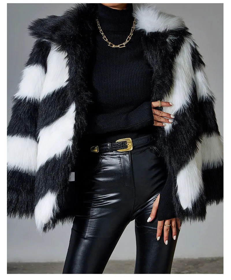 Black Faux Rabbit Fur Coat Luxury Fur Coat Artificial Fur Stitching Jackets Women Turn-down Collar Coat Plush Over Coats