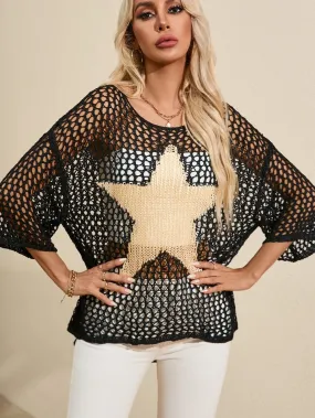 Black See-Through Knit Top with Golden Star