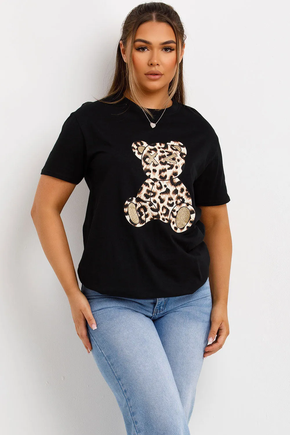 Black T Shirt With Leopard Print Teddy Bear