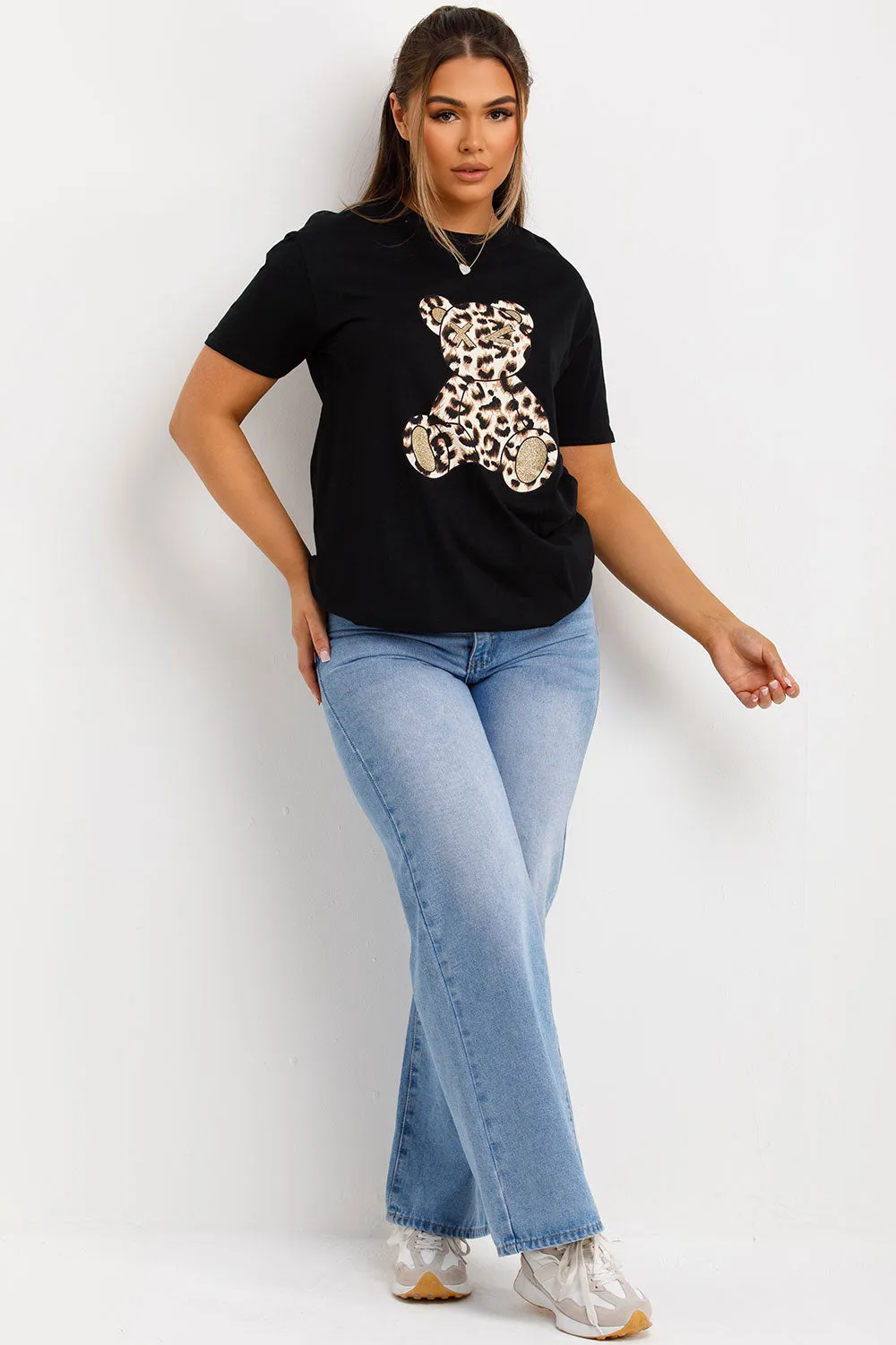 Black T Shirt With Leopard Print Teddy Bear