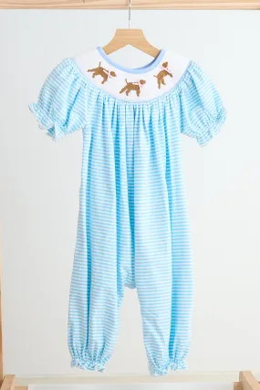 Blue puppy hand smocked girl romper