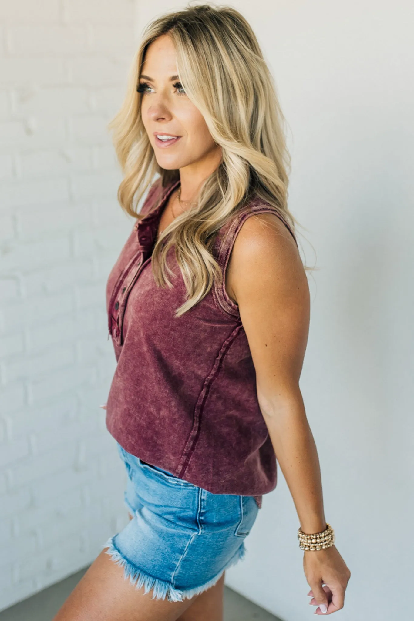 Button Mix Washed Henley Tank