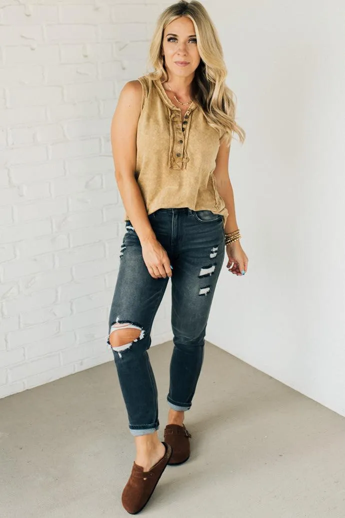 Button Mix Washed Henley Tank