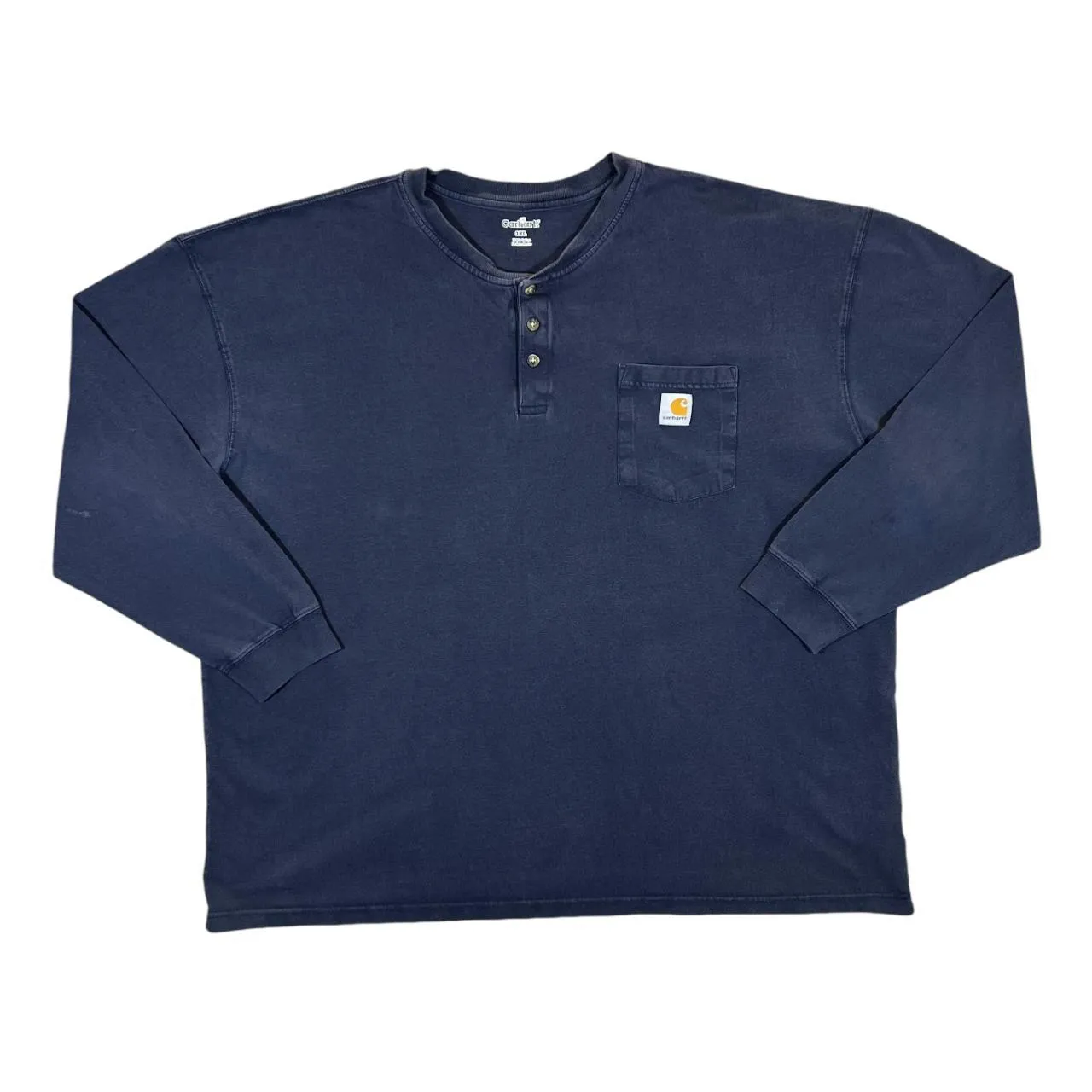 CARHARTT Classic Basic Mini Pocket Patch Logo Navy Blue Long Sleeve Henley Button T-Shirt