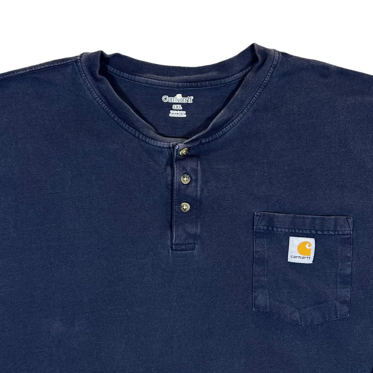 CARHARTT Classic Basic Mini Pocket Patch Logo Navy Blue Long Sleeve Henley Button T-Shirt