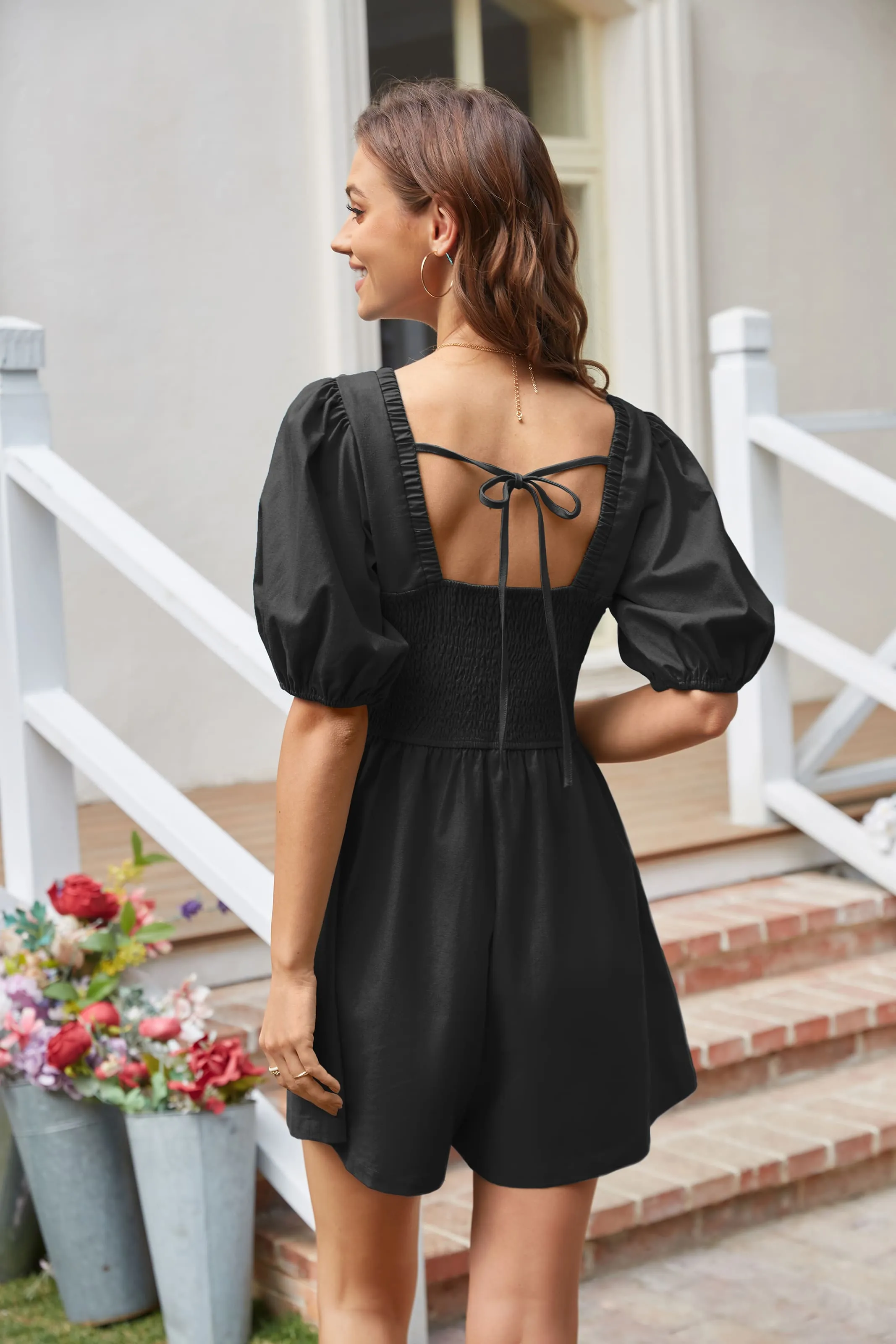 Casual Short Sleeve Wide Leg Romper - Black