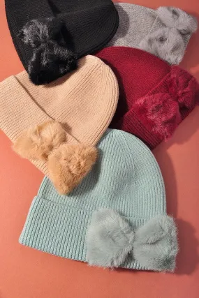 CC FAUX FUR BOW BEANIE HAT