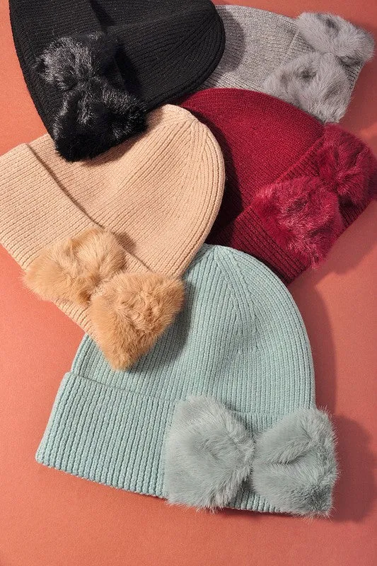 CC FAUX FUR BOW BEANIE HAT