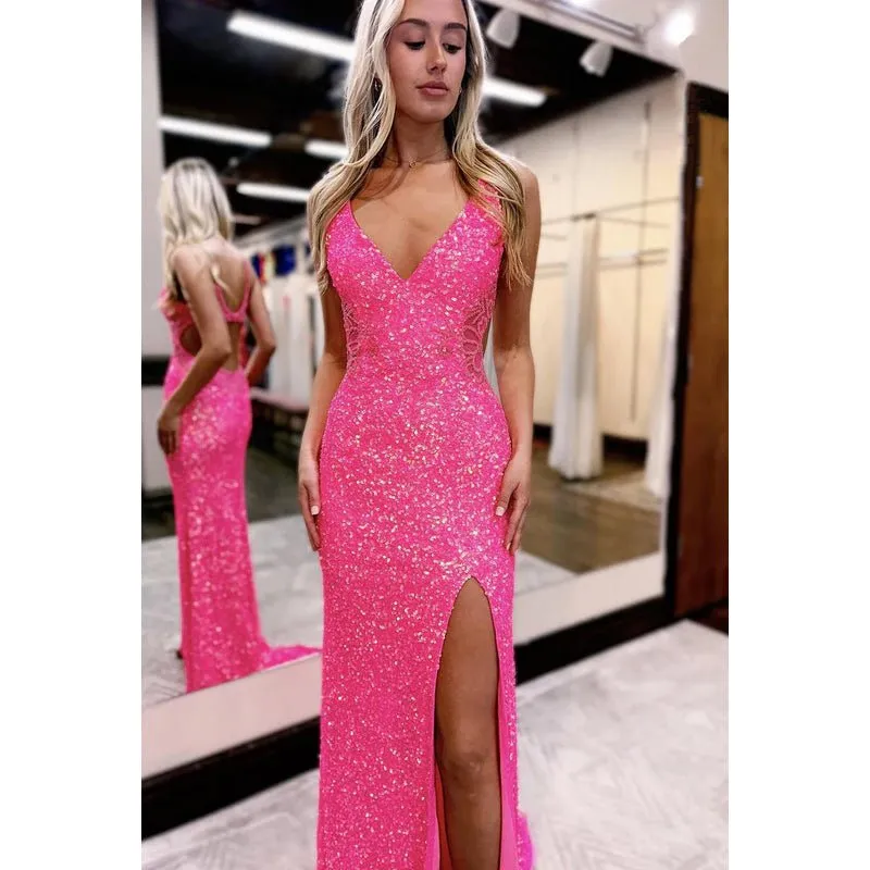 Chic Sparkly V-neck Sltraps Sheath Side Slit Sequins Evening Party Prom Dress
