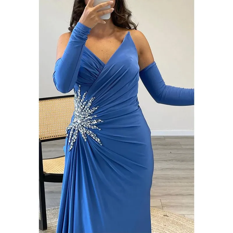 Chic V-neck Strapless Beaded Pleats Blue Long Prom Dress Evening Gown