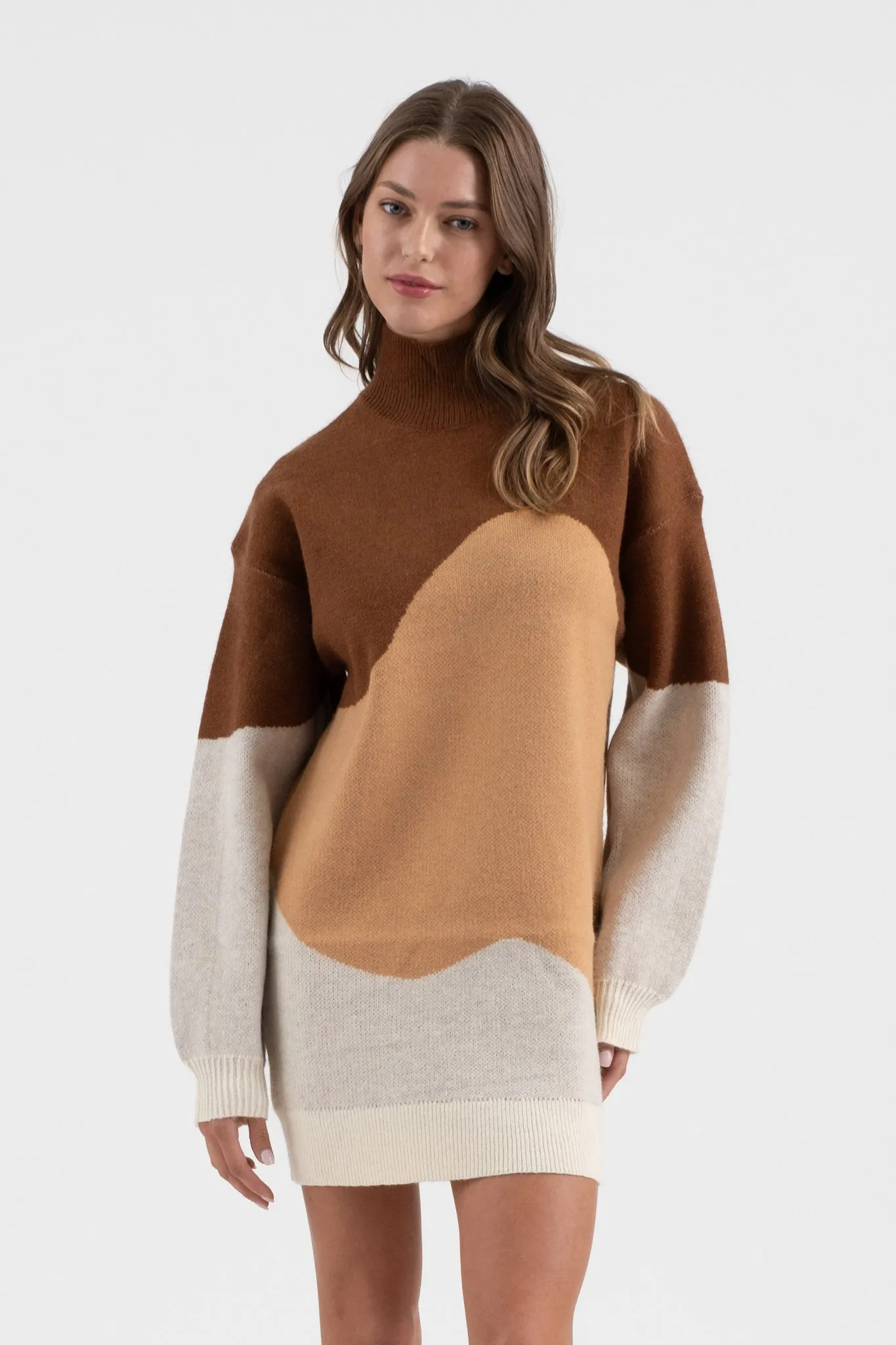 COLORBLOCK MOCK NECK KNIT SWEATER DRESS