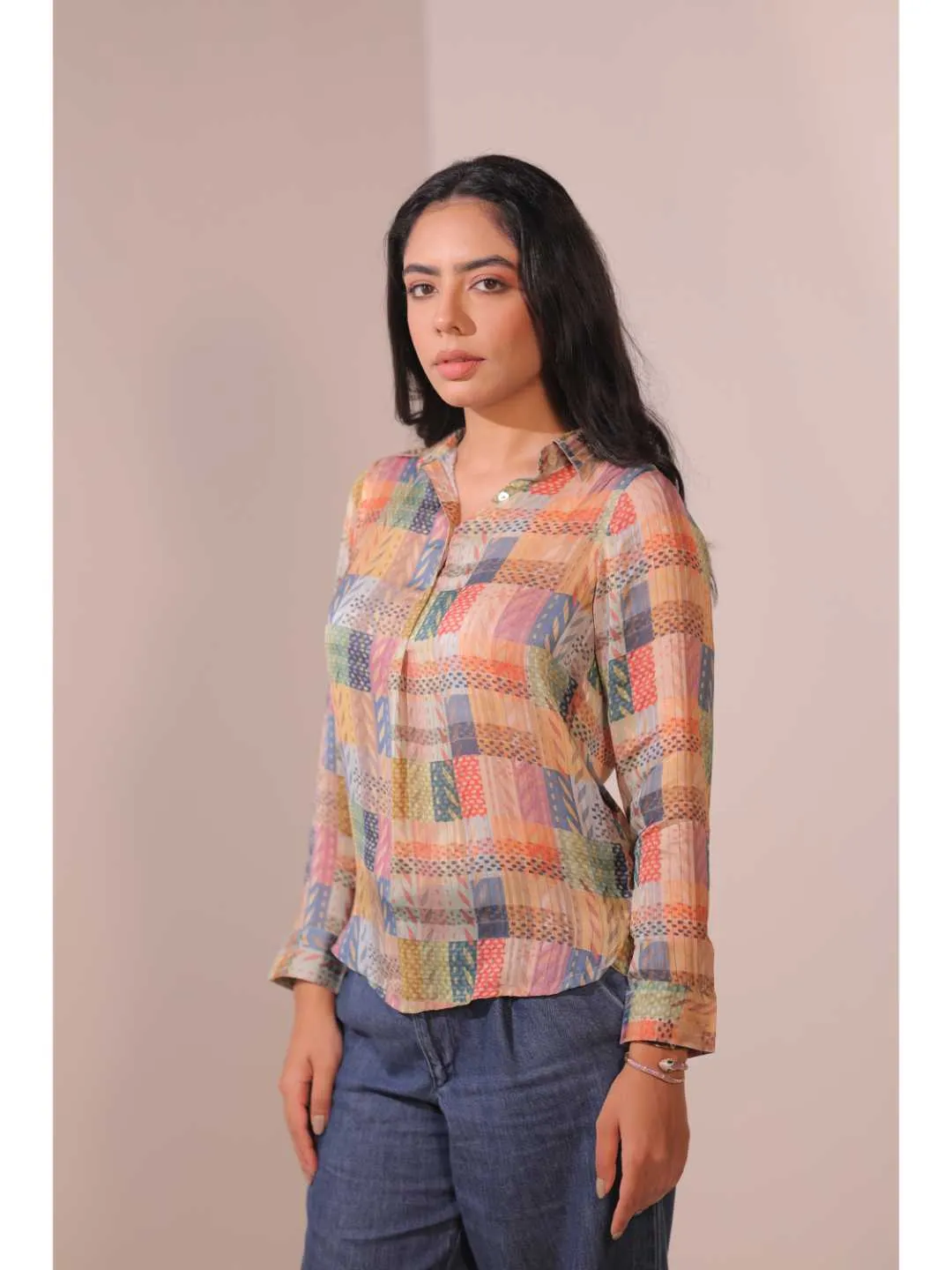 comfy viscose dobby stripped geometric printed full sleeve shirt collar with cuff top - Multi