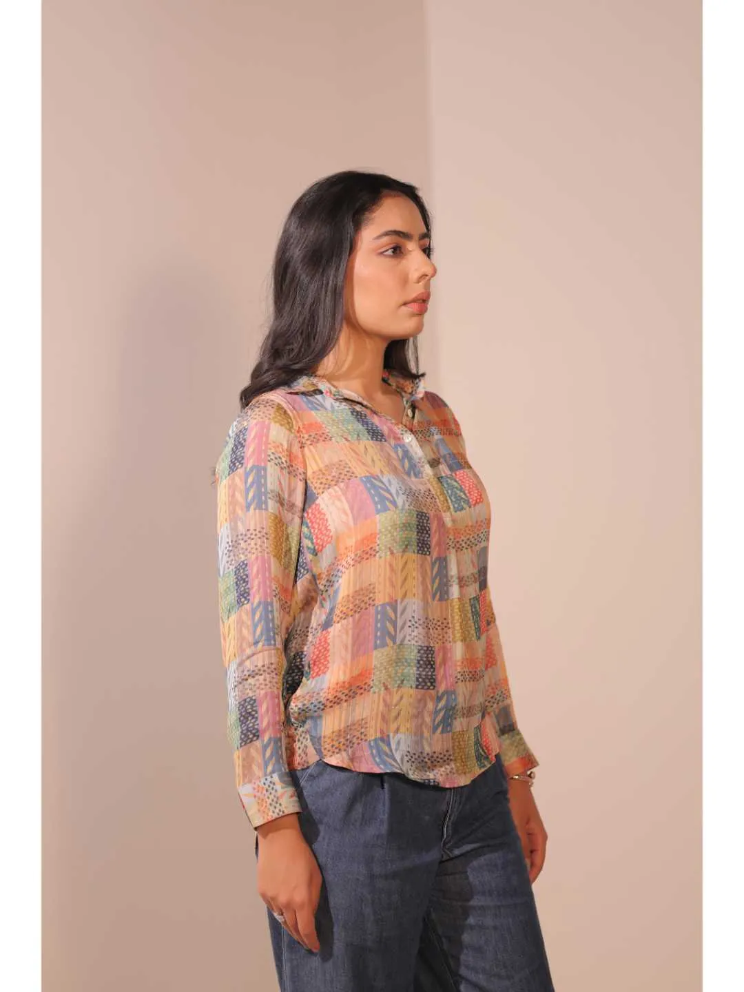 comfy viscose dobby stripped geometric printed full sleeve shirt collar with cuff top - Multi