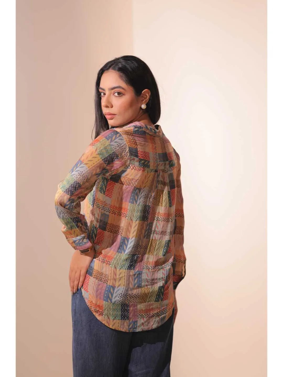 comfy viscose dobby stripped geometric printed full sleeve shirt collar with cuff top - Multi
