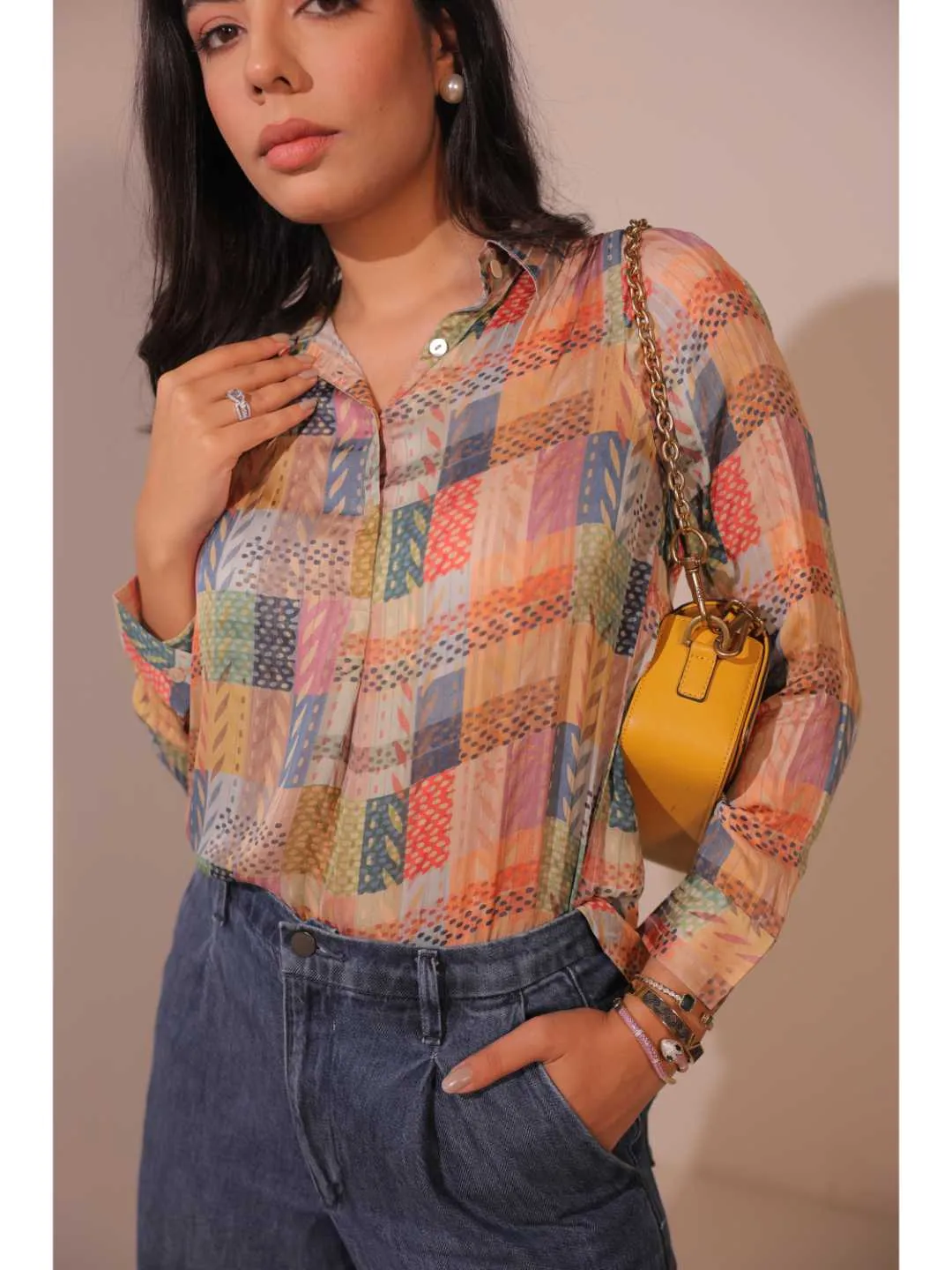 comfy viscose dobby stripped geometric printed full sleeve shirt collar with cuff top - Multi