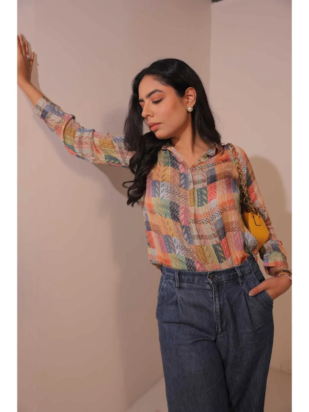 comfy viscose dobby stripped geometric printed full sleeve shirt collar with cuff top - Multi