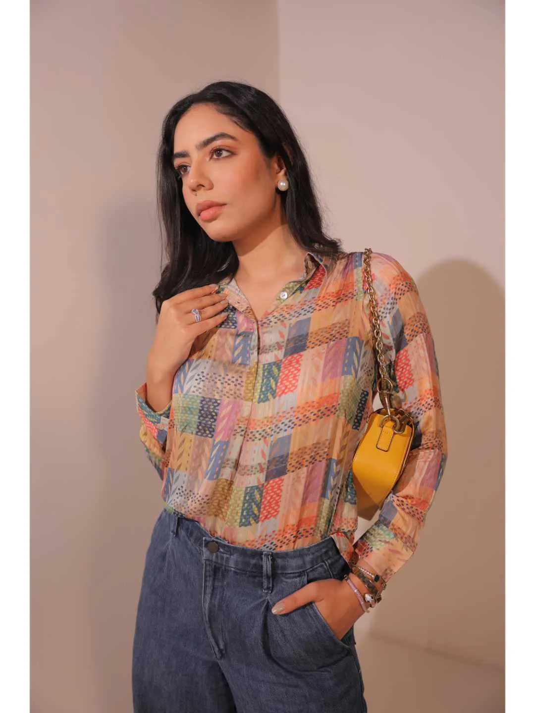 comfy viscose dobby stripped geometric printed full sleeve shirt collar with cuff top - Multi