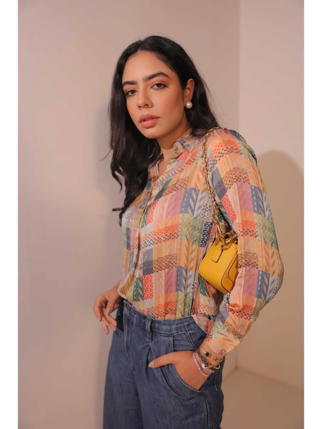 comfy viscose dobby stripped geometric printed full sleeve shirt collar with cuff top - Multi