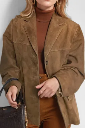 Coralie - Veste Vintage Café à Revers avec Poches à Rabat et Boutons