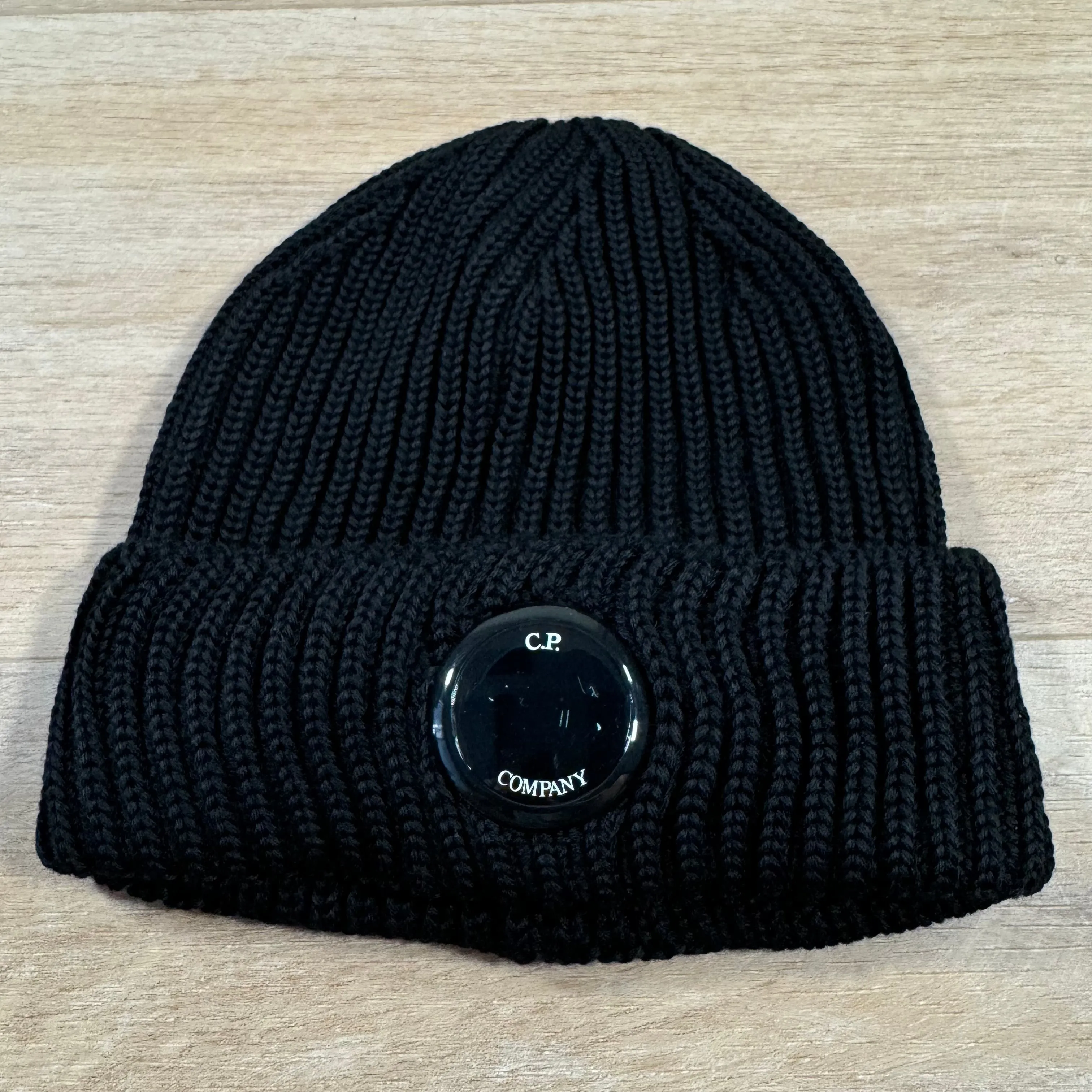 C.P. Company Extra Fine Merino Wool Lens Beanie in Black